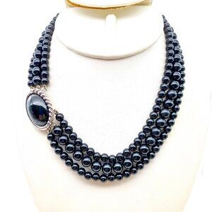Unique Vintage Multistrand Choker, Black Lucite Beads Necklace with Oval Cabocho